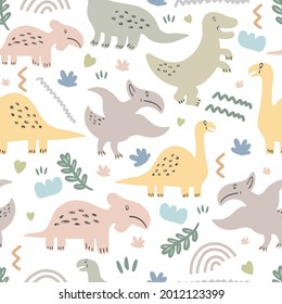 Seamless pattern of cute dinosaurs and floral isolated on white background.