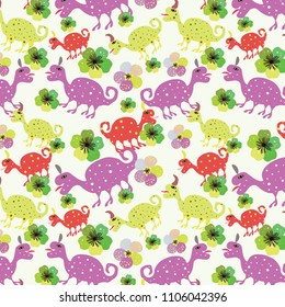Seamless pattern with cute dinosaurs and flowers.