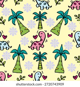 Patrón sin fisuras con lindos dinosaurios y flores. Ilustración vectorial.
