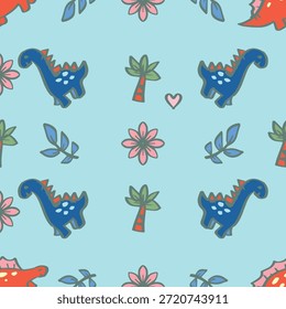 Patrón sin fisuras con lindos dinosaurios y flores. Ilustración vectorial.