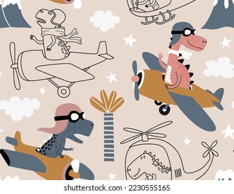 seamless pattern with with Cute dinosaurs flying in airplane.