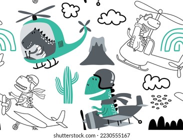 seamless pattern with with Cute dinosaurs flying in airplane.