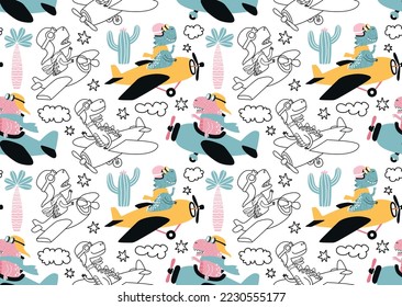 seamless pattern with with Cute dinosaurs flying in airplane.