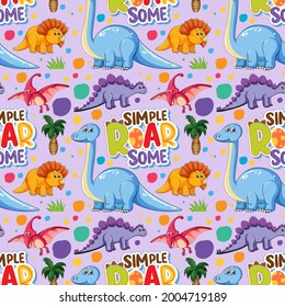 Seamless pattern with cute dinosaurs and font on purple background illustration