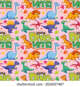 Seamless pattern with cute dinosaurs and font on pink background illustration
