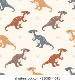 Seamless Pattern with Cute Dinosaurs. Funny Cartoon Animals Background, Childish design for baby clothes, t-shirts, wrapping, fabric, textiles and more. Vector Illustration