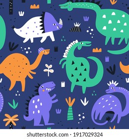 Seamless Pattern With Cute Dinosaurs. Hand Drawn Texture In Bold Colors With Dinos For Kids Room Or Nursery.