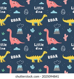 Seamless pattern with cute dinosaurs and hand lettering on a dark blue background. Hand drawn vector doodle design for kids.