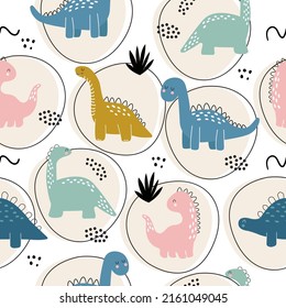 Seamless pattern with cute dinosaurs. Hand drawn dino, bushes, dots and doodles on blotches background. Modern trendy children's wallpaper, print for clothes, textiles.