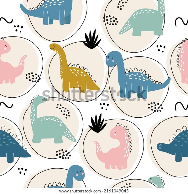 Seamless pattern with cute dinosaurs. Hand drawn dino, bushes, dots and doodles on blotches background. Modern trendy children's wallpaper.