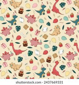 seamless pattern with cute dinosaurs Happy Birthday on white background - vector illustration, eps