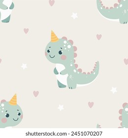 Patrón sin fisuras con lindos dinosaurios, corazones y estrellas en un fondo de color. Ilustración vectorial para imprimir. Fondo de los niños lindos. Cumpleaños.