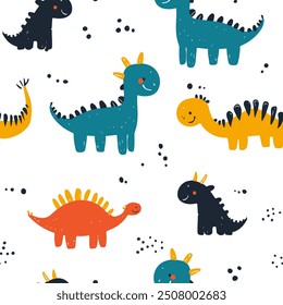 Seamless pattern of cute dinosaurs isolated on white background. Ideal for children's clothing, nursery decor, educational materials, and themed party accessories.