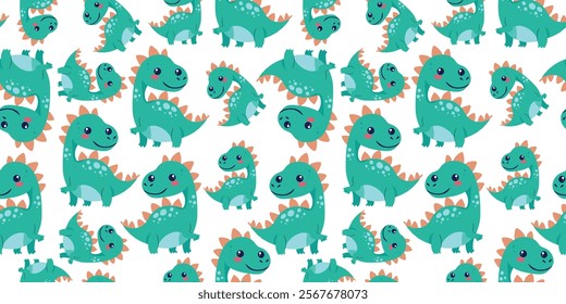 Seamless Pattern of Cute Dinosaurs Isolated on White Background Vector Illustration Design. Dinosaurs Cartoon Style