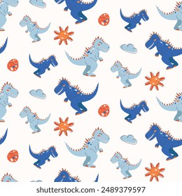 Seamless pattern with cute dinosaurs. Kawaii character. Flat vector illustration for children