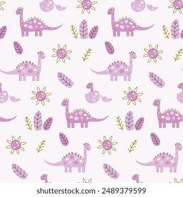 Seamless pattern with cute dinosaurs. Kawaii character. Flat vector illustration for children