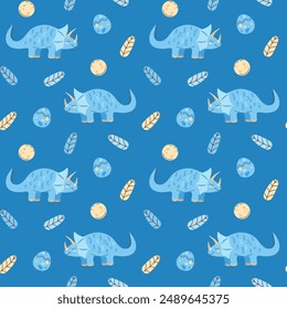 Seamless pattern with cute dinosaurs. Kawaii character. Flat vector illustration for children