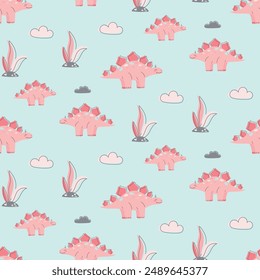 Seamless pattern with cute dinosaurs. Kawaii character. Flat vector illustration for children