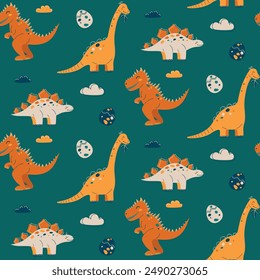 Seamless pattern with cute dinosaurs. Kawaii character. Flat vector illustration for children