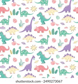 Seamless pattern with cute dinosaurs. Kawaii character. Flat vector illustration for children