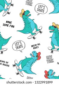 Seamless pattern with cute dinosaurs for kids fashion. Skate theme vector illustrations.