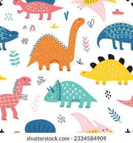 Seamless pattern with cute dinosaurs for kids. Suitable for textile, nursery, wallpaper, wrapping paper, clothes.