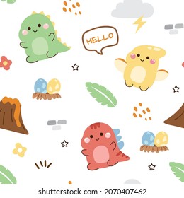 Seamless pattern of cute dinosaurs with leaf,star,mountain,egg,flower cartoon on white background.Image for card,poster,paper gift,print,wallpaper,kid product.Repeat.Animal.Kawaii.Vector.Illustration.