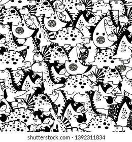 Seamless pattern of the cute dinosaurs. Line set