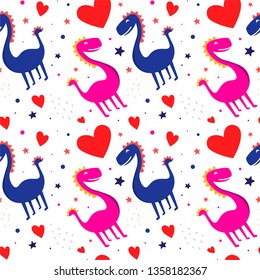 Seamless pattern with cute dinosaurs in love for children textile
