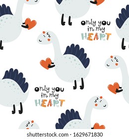 Seamless pattern with cute dinosaurs. Love design for birthday invitation, poster, clothing, nursery wall art and Valentine's day card.
