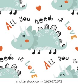 Seamless pattern with cute dinosaurs. Love design for birthday invitation, poster, clothing, nursery wall art and Valentine's day card.