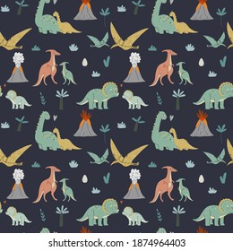 Seamless pattern cute dinosaurs, mom and baby. Prehistoric era. Children's illustration.