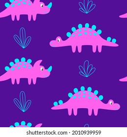 Seamless pattern of cute dinosaurs in neon colors. Perfect for kids design, fabric, wrapping, wallpaper, textile, home decor.