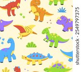 Seamless pattern with cute dinosaurs on beige background. Dino vector Illustration background.
