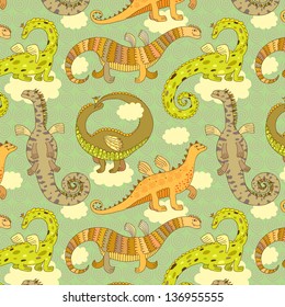 Seamless pattern with cute dinosaurs on a background of clouds.