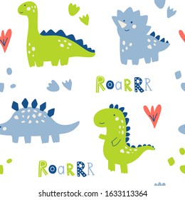 Seamless Pattern With Cute Dinosaurs On White Background. Kawaii Dino Characters In Doodle Childish Style. Pattern With Dino Footprint, Roar Lettering And Stones. For Textile, Childish Design