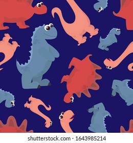 Seamless pattern. Cute dinosaurs on a blue background. Vector. Drawn in cartoon style. Children's illustration, suitable for wallpaper, covers, wrapping paper.