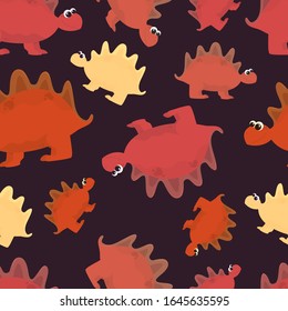 Seamless pattern Cute dinosaurs on a dark background. Vector. Drawn in a cartoon style. Children's illustration, suitable for wallpaper, covers, wrapping paper, fabric.