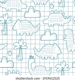 Seamless pattern with cute dinosaurs on a checkered background. Vector illustration for printing on fabric, packaging paper, postcards, posters, banners. Cute baby background