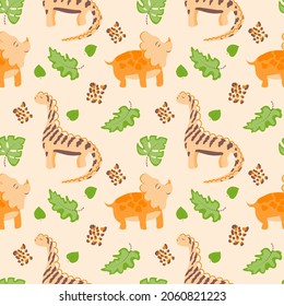 Seamless pattern with cute dinosaurs on a light colored background. Dinosaurs with tropical leaves drawn in a flattened style. Jurassic reptiles. Suitable for children's textiles and packaging.