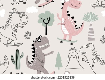 Seamless pattern with cute dinosaurs on skateboard.