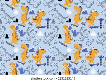 Seamless pattern with cute dinosaurs on skateboard.