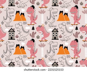 Seamless pattern with cute dinosaurs on skateboard.