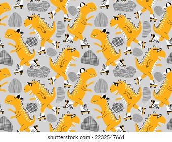 Seamless pattern with cute dinosaurs on roller skater.