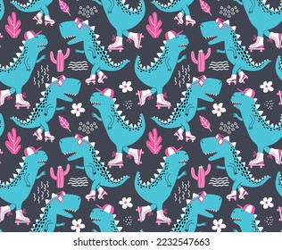 Seamless pattern with cute dinosaurs on roller skater.