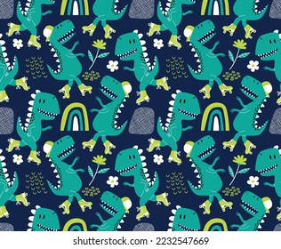 Seamless pattern with cute dinosaurs on roller skater.