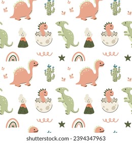 Nahtloses Muster mit süßen Dinosauriern auf weißem Hintergrund. Druck für Kinderbekleidung, Umhüllungspapier. Vektorgrafik