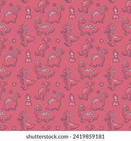 Seamless pattern with cute dinosaurs on a pink background. Pattern for children's clothes. Vector illustration