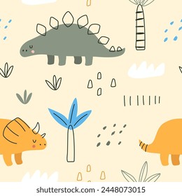 Patrón sin fisuras con lindos dinosaurios sobre un fondo de color. Ilustración vectorial para imprimir. Fondo de los niños lindos.