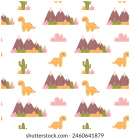 Seamless pattern with cute dinosaurs on white background. Vector illustration.